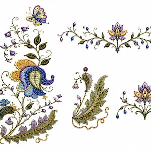 May include: A collection of decorative embroidery-style floral motifs featuring intricate blue, purple, and gold threadwork. The designs include a large vertical floral spray with a butterfly, a single ornate leaf, and two symmetrical flower borders.