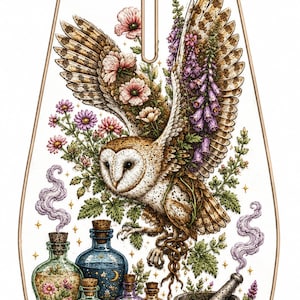 Könnte beinhalten: Eine Schleiereule mit ausgebreiteten Flügeln, geschmückt mit rosa Blumen und violettem Fingerhut, über mehreren Glasflaschen mit farbigen Flüssigkeiten sowie einem Mörser mit Stößel, alles in einem dekorativen, spitz zulaufenden Rahmen.