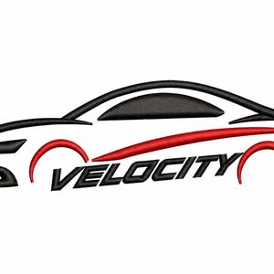 May include: A stylized car logo in black, white, and red. The word "VELOCITY" is written in a bold, black font across the car's side. The design features a sleek, modern aesthetic, suggesting speed and motion.