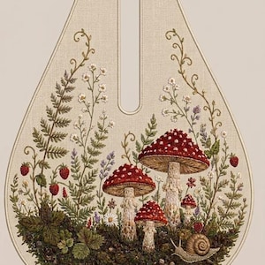 May include: A teardrop-shaped fabric panel featuring detailed embroidery of red and white spotted mushrooms, wild strawberries, ferns, small white flowers, and a snail on a dark earthy ground, all set against a light beige linen background.