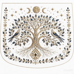 May include: A white fabric panel featuring intricate gold and navy blue embroidery of a central tree with two birds perched on its branches. The design includes celestial motifs like a moon and stars above the tree, with a decorative knot at the base.