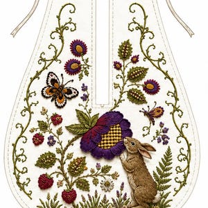 May include: A white fabric panel featuring intricate embroidery of a brown rabbit sniffing a large purple flower. The design includes green vines, red raspberries, small white and purple flowers, and a butterfly with orange, black, and white wings.
