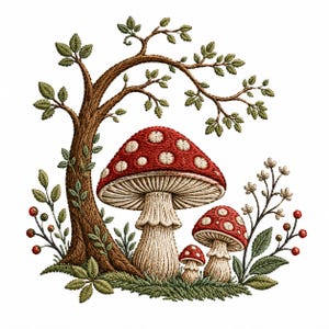 May include: An embroidery design featuring three red mushrooms with white spots, situated at the base of a brown tree with green leaves. The scene includes small green plants, mossy ground, and thin stems with tiny red berries on the right side.