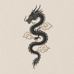 May include: Black embroidered dragon design with gold clouds on a cream-colored background. The dragon is detailed with scales and a long, serpentine body. The design is likely for apparel or home decor.