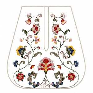 May include: A white fabric panel featuring a symmetrical floral embroidery design. The pattern includes red, yellow, blue, and pink flowers with green stems and swirling vines. A vertical slit opening is centered at the top of the piece.