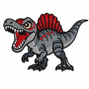 May include: Embroidered patch of a Spinosaurus dinosaur with an open mouth. The dinosaur is gray with black stripes, red accents, and a red sail. The patch has a white border and is on a white background.