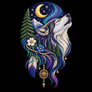 Wolf Moon Embroidery Design, Howling Wolf, Celestial Forest Pattern (Digital File)