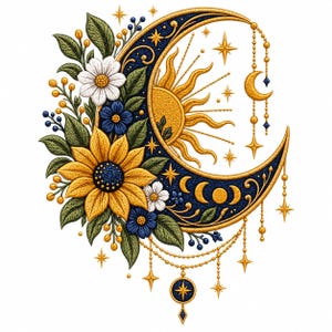 Può includere: Un disegno ricamato raffigurante una mezzaluna blu scuro con un volto di sole dorato, circondato da girasoli gialli, margherite bianche e fiori blu. La composizione include catenelle dorate pendenti con ciondoli a stella e fasi lunari.