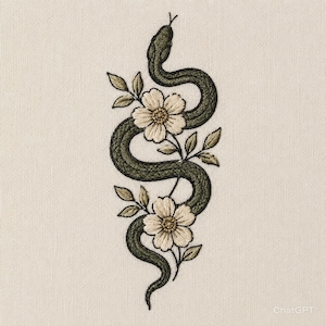 Puede incluir: Diseño bordado de una serpiente verde oscuro entrelazada con flores blancas y hojas verdes. La serpiente está enrollada y detallada, con las flores y hojas que proporcionan un delicado contraste. El diseño está sobre un fondo neutro.
