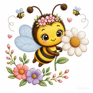 May include: A cartoon illustration of a smiling bee holding a daisy. The bee is yellow and black, with blue wings and a flower crown. Two smaller bees fly nearby. Pink and purple flowers and green leaves are at the bottom, with pink hearts scattered around.