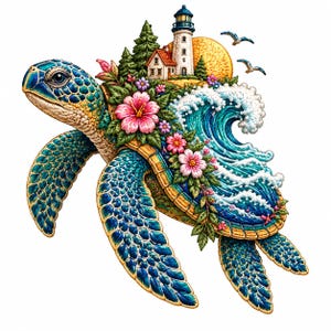 Op de afbeelding: Een gedetailleerde illustratie van een zeeschildpad met een schild dat een kusttafereel toont. Het schild bevat een vuurtoren, een huis, dennenbomen, een gele zon, roze hibiscusbloemen en een grote blauwe oceaangolf met wit schuim.