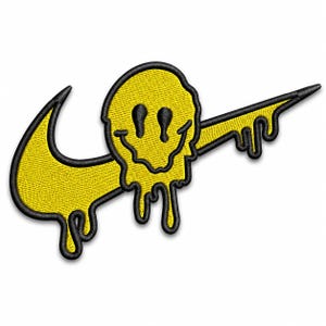 May include: A yellow and black embroidered patch featuring a stylized swoosh logo combined with a melting smiley face. The design includes black stitching outlines and a dripping effect on the bottom edges of the yellow swoosh and face.