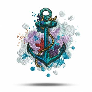 May include: Embroidered nautical anchor design in shades of teal, blue, and gold, with a red starfish and purple coral accents. The anchor is detailed with a rope and set against a backdrop of soft, textured splashes, evoking a marine theme.