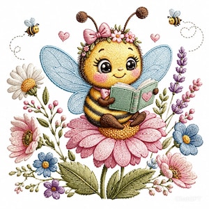 May include: A charming illustration of a cartoon bee reading a book while sitting on a pink flower. The bee has a flower crown and blue wings. The image is surrounded by various flowers, hearts, and other bees.
