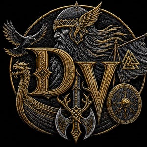 May include: A circular emblem featuring the gold letters DV, a bearded warrior in a winged helmet, a raven in flight, a dragon-headed longship, a double-bladed axe, a round shield, and a valknut symbol, all rendered in gold and dark grey tones.