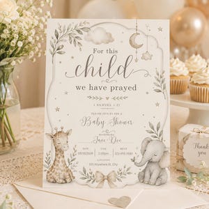 Bible Verse Baby Shower Invitation For this child we have prayed Gender neutral baby shower invitation whimsical baby shower Canva template