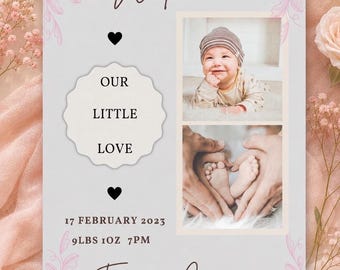 Descarga del PDF personalizable para anunciar el nacimiento de una niña.