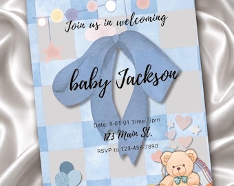 Invitación personalizable para baby shower con lazo azul