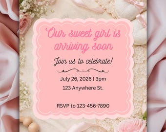 ¡Dulce invitación personalizable para baby shower de niña! Rosa, encaje y rosas.
