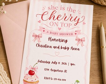 She Is The Cherry On Top Customizable Baby Shower Invitation~ Pink Cupcake Cherries