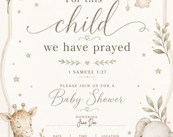 Invitación para baby shower con versículo bíblico: "Por este niño hemos orado". Diseño original y unisex de 5x7 pulgadas.