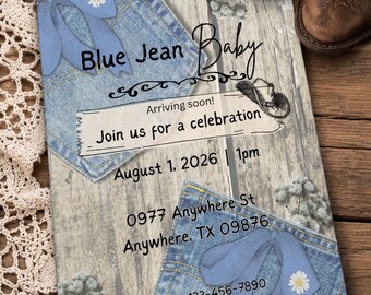 Blue Jean Baby Shower Invitation Canva Template | Printable Download | Denim and Bows