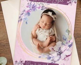 Newborn Baby Girl Birth Announcement | Editable template | Purple Floral