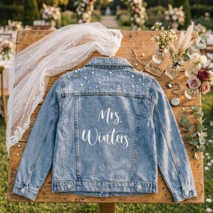 Custom Wedding Embroidered jacket, Bride Jean Jacket, Wifey jacket, Custom Pearl Denim Jacket, Future Mrs Coat,Wedding Favor Gift