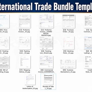 Könnte beinhalten: Eine digitale Sammlung mit dem Titel International Trade Bundle Template, die sechzehn verschiedene weiße Dokumentenformulare mit schwarzem Text enthält, darunter Proforma Invoice, Purchase Order, Sales Contract, Packing List, Bill of Lading und Customs Declaration.