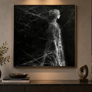 May include: A square wall art piece featuring a black background with a white, ethereal, web-like silhouette of a human figure in profile. The figure is composed of fine, intricate lines that extend outward, framed in a thin, dark metallic border.