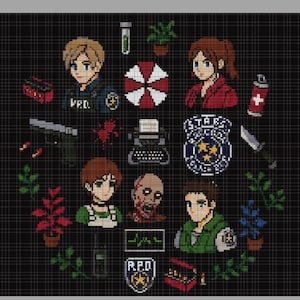 May include: A pixel art design featuring characters and symbols from the Resident Evil video game series. The image includes characters, weapons, and the Umbrella Corporation logo, all arranged on a black grid background.