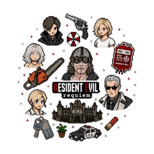 May include: Pixel art graphic featuring characters and elements from Resident Evil: Requiem. Includes a handgun, chainsaw, blood bag, police car, and the R.P.D. building. The title "Resident Evil Requiem" is also displayed.
