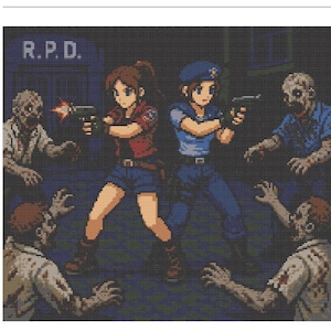 May include: Pixel art illustration featuring two characters with guns facing zombies. The characters are wearing blue and red outfits. The background includes the text "R.P.D." and a dark, pixelated environment. The zombies are depicted with decaying skin and outstretched arms.