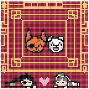 May include: Pixelated artwork featuring an orange fox with a black eyepatch and a white cat. Below, two pixelated figures are depicted, one with black hair and the other with white hair, with a pink heart between them. The background is a red and gold pattern.