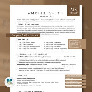 May include: A professional resume template featuring a clean white layout with dark text. It includes sections for professional summary, core skills, experience, education, and certifications. Text includes Amelia Smith, ATS Friendly, and Designed for Fresh Grads.