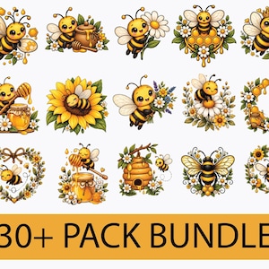 Puede incluir: Una colección de quince ilustraciones individuales con abejas de dibujos animados, tarros de miel, girasoles, margaritas y colmenas dispuestas en una cuadrícula. La sección inferior contiene una franja rectangular amarilla con el texto 30+ PACK BUNDLE.