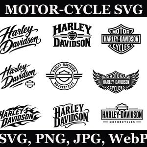 Puede incluir: Una colección de nueve diseños de logotipos de Harley-Davidson en blanco y negro dispuestos en una cuadrícula. El texto MOTOR-CYCLE SVG aparece en la parte superior, y SVG, PNG, JPG, WebP está impreso en la parte inferior.