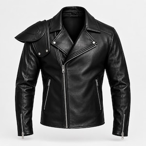 May include: A black leather jacket featuring an asymmetrical front zipper closure, notched lapels, and silver-toned hardware. The garment includes two zippered side pockets, zippered cuffs, and a prominent, structured shoulder guard on the right side.