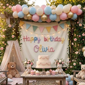 May include: A birthday party setup featuring a cream-colored backdrop with the text Happy birthday Olivia in pastel yarn letters, a two-tier cake, cupcakes, teddy bears, and a balloon arch in shades of pink, blue, gold, and white.