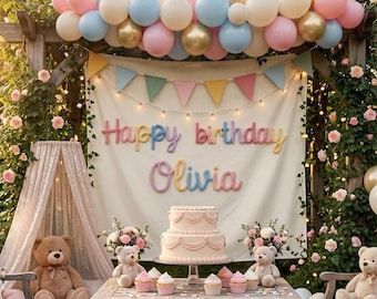 Tapiz de cumpleaños con nombre personalizado, pancarta de letras tejidas personalizadas, fondo de fiesta de cumpleaños en macramé pastel, decoración de pared para niños.