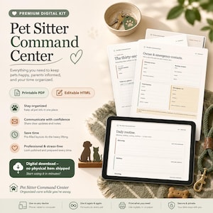 Può includere: Un kit digitale Pet Sitter Command Center con PDF stampabile e formati HTML modificabili. L'immagine mostra un tablet che mostra un modello di routine giornaliera, insieme a moduli per la cura degli animali domestici e una silhouette di cane e gatto. Include un guinzaglio per cani, chiavi e un biscotto per cani.