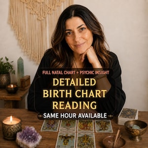 Pode incluir: Uma mulher com cabelo castanho comprido sorri, apoiando o queixo na mão. A imagem apresenta o texto "FULL NATAL CHART + PSYCHIC INSIGHT" e "DETAILED BIRTH CHART READING". Cartas de tarot, velas e cristais numa mesa de madeira.