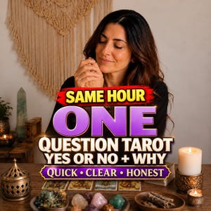May include: A tarot reading service advertisement featuring the text SAME HOUR ONE QUESTION TAROT YES OR NO + WHY QUICK CLEAR HONEST. The image displays a person with dark hair, a metal incense burner, crystals, and a white candle.