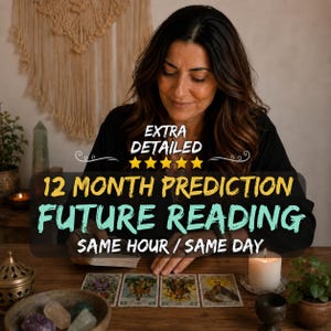 May include: A tarot card reading session featuring four cards laid out on a wooden table. The text overlay reads: EXTRA DETAILED, 5 stars, 12 MONTH PREDICTION, FUTURE READING, SAME HOUR / SAME DAY. A white candle and small stones are visible.