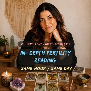 May include: A woman with long brown hair sits at a wooden table with tarot cards, candles, and crystals. Text on the image reads: "WILL I HAVE A BABY / WHEN? / BOY OR GIRL? IN-DEPTH FERTILITY READING SAME HOUR / SAME DAY."
