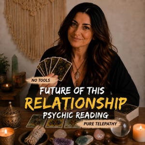 May include: A person holding a fan of tarot cards with text overlay reading NO TOOLS FUTURE OF THIS RELATIONSHIP PSYCHIC READING PURE TELEPATHY. The scene includes a crystal ball, lit candles, a metal container, and scattered tarot cards on a table.