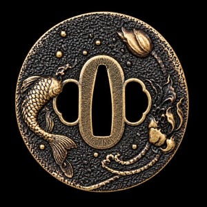 May include: A circular bronze-toned metal tsuba featuring a textured dark background with a raised relief design of a koi fish swimming on the left and a lotus flower with stems on the right, surrounding a central elongated oval opening.