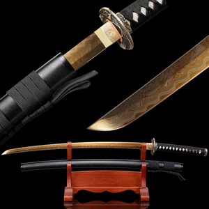Hand-Forged Japanese Damascus Steel Katana Sword, Clad Steel, Auspicious Cloud Pattern, Pure Copper Engraved Fittings, 18-Stage Hand Polish
