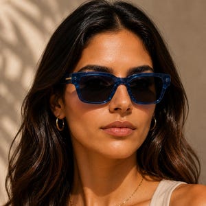 Peut inclure: Lunettes de soleil à monture carrée en acétate bleu translucide avec des verres teintés foncés. La monture présente un motif marbré distinct sur toute la matière, avec de petits rivets en métal argenté visibles sur les coins avant de la monture.