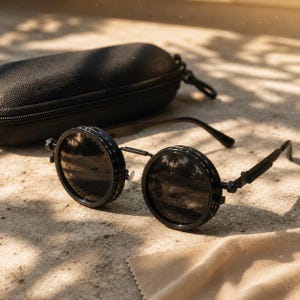 May include: Black round steampunk sunglasses with a black case and a tan cleaning cloth. The sunglasses have a unique design with circular frames and dark lenses. The case is zippered and has a small loop. The sunglasses are resting on a light-coloured surface.